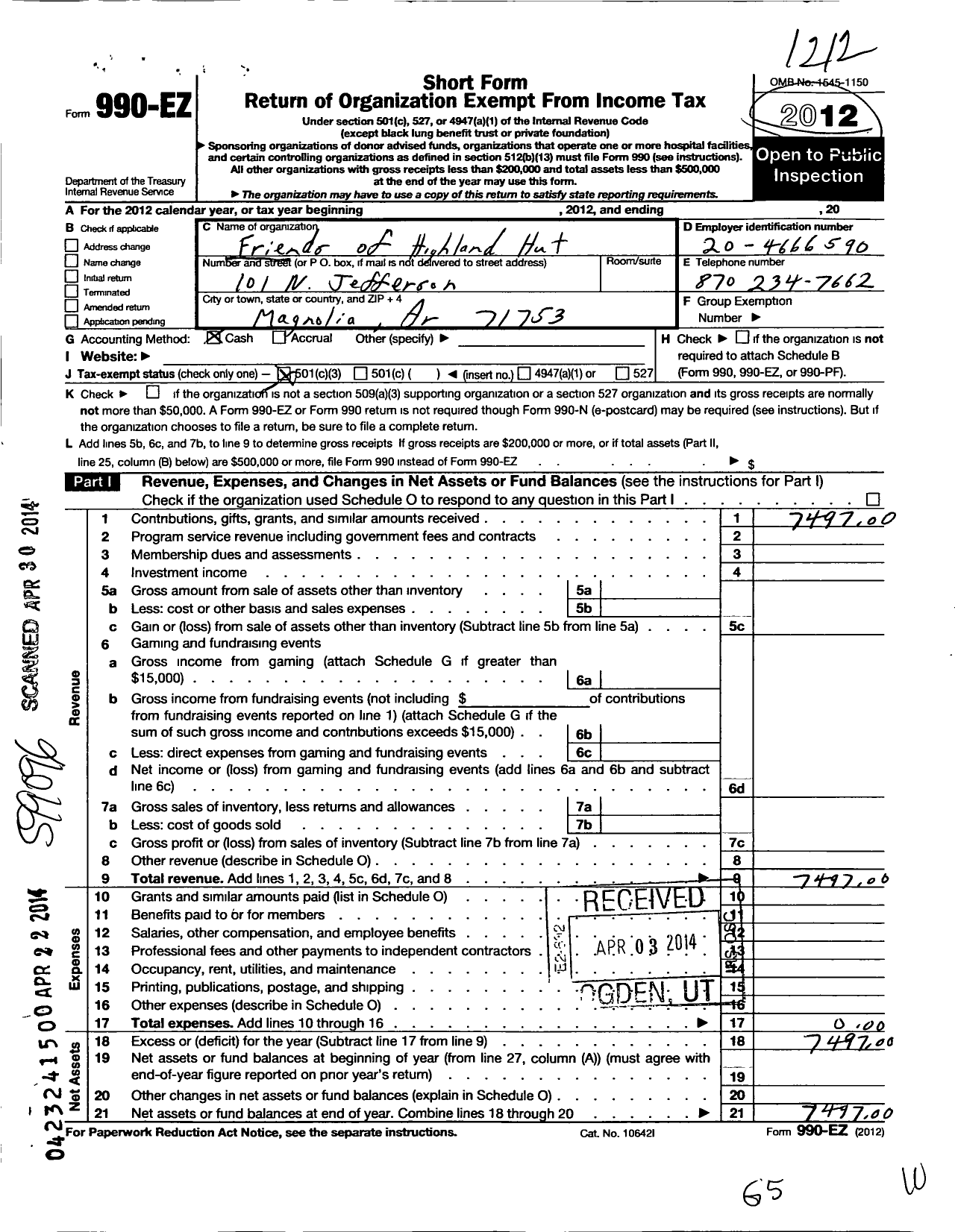 Image of first page of 2012 Form 990EZ for Friends of Highland Hut