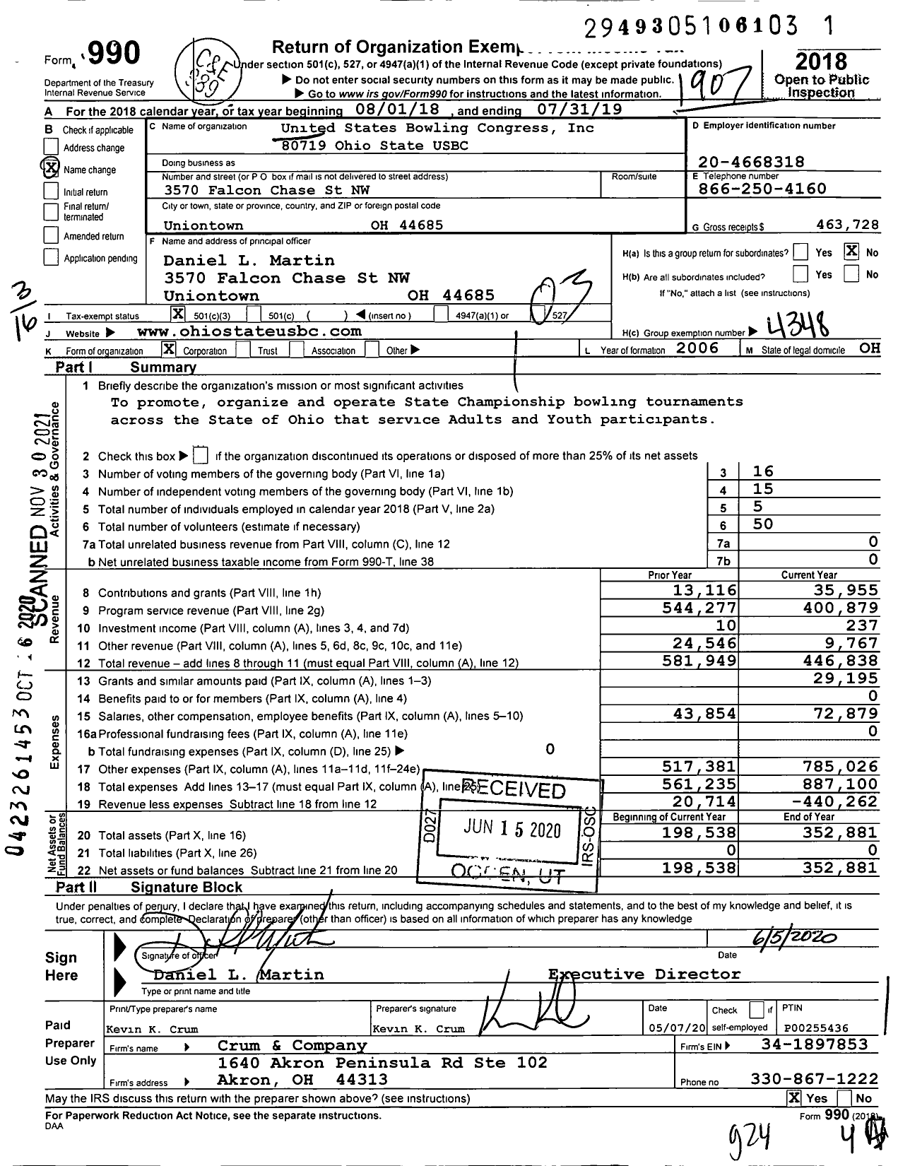 Image of first page of 2018 Form 990 for United States Bowling Congress - Ohio State Usbc Ba