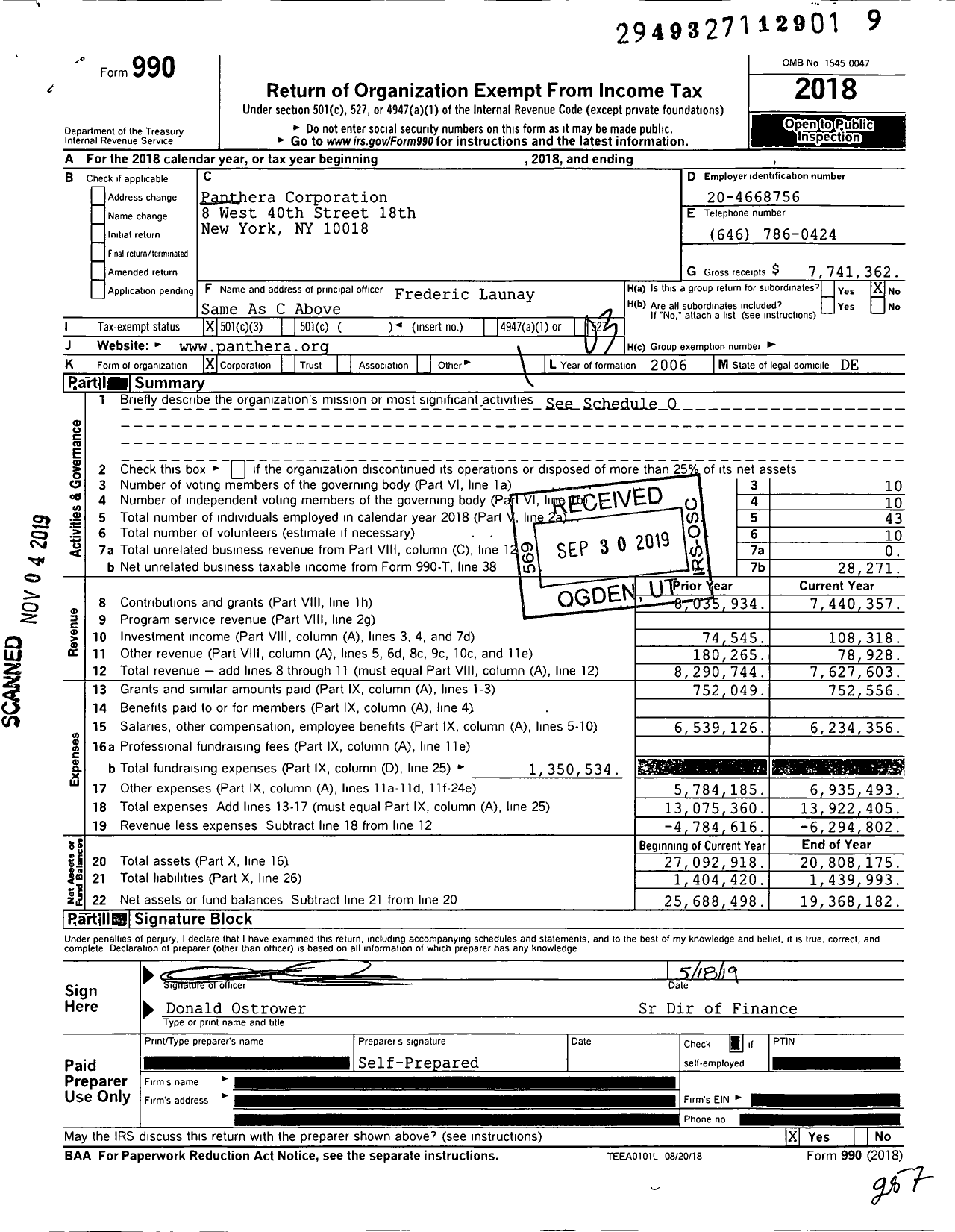 Image of first page of 2018 Form 990 for Panthera
