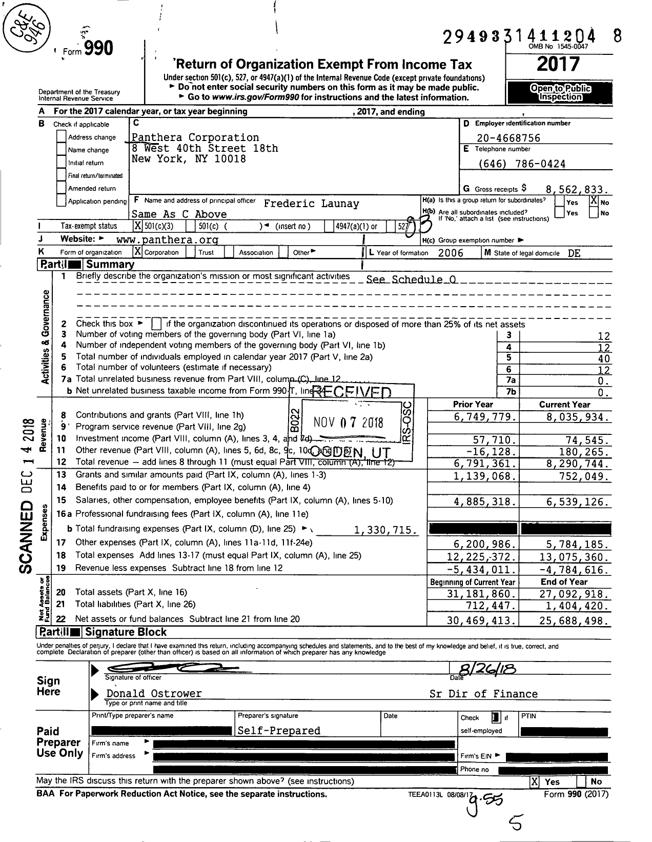 Image of first page of 2017 Form 990 for Panthera