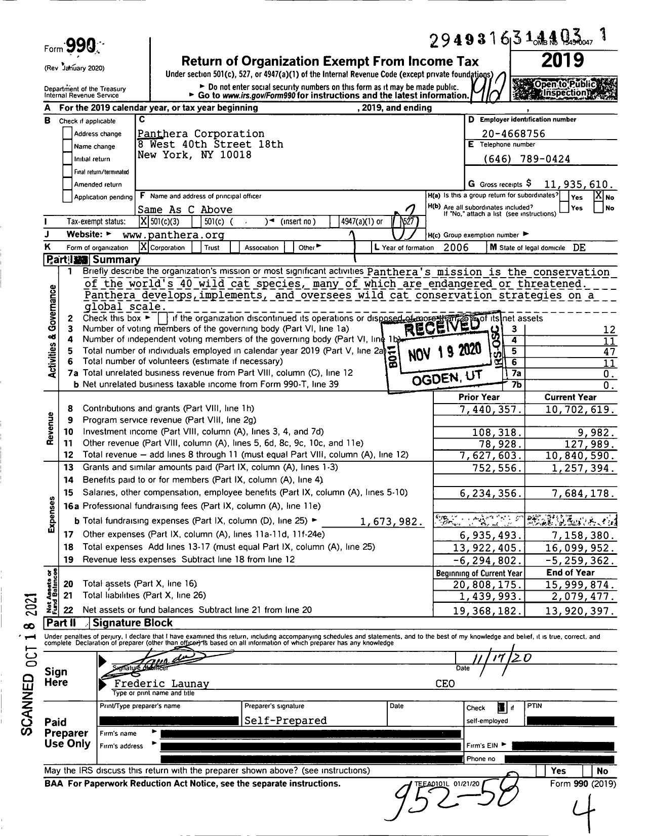 Image of first page of 2019 Form 990 for Panthera