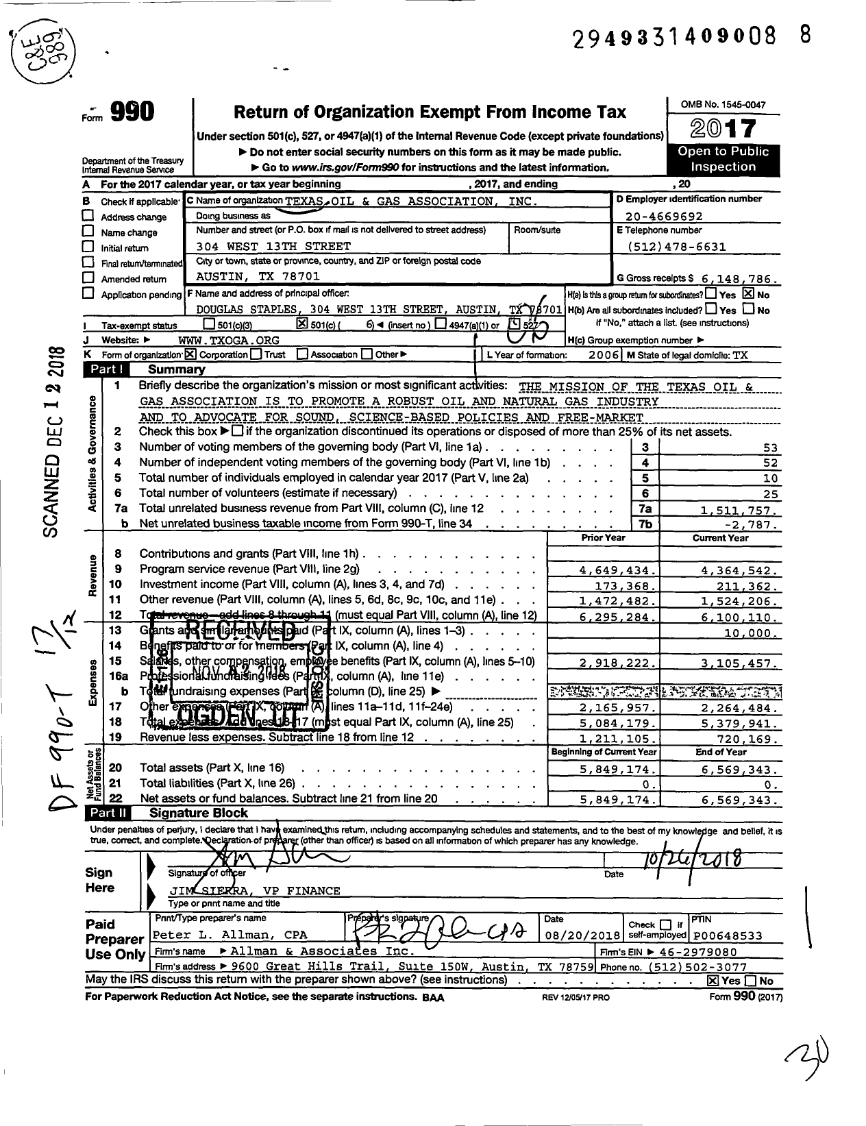 Image of first page of 2017 Form 990O for Texas Oil and Gas Association (TXOGA)