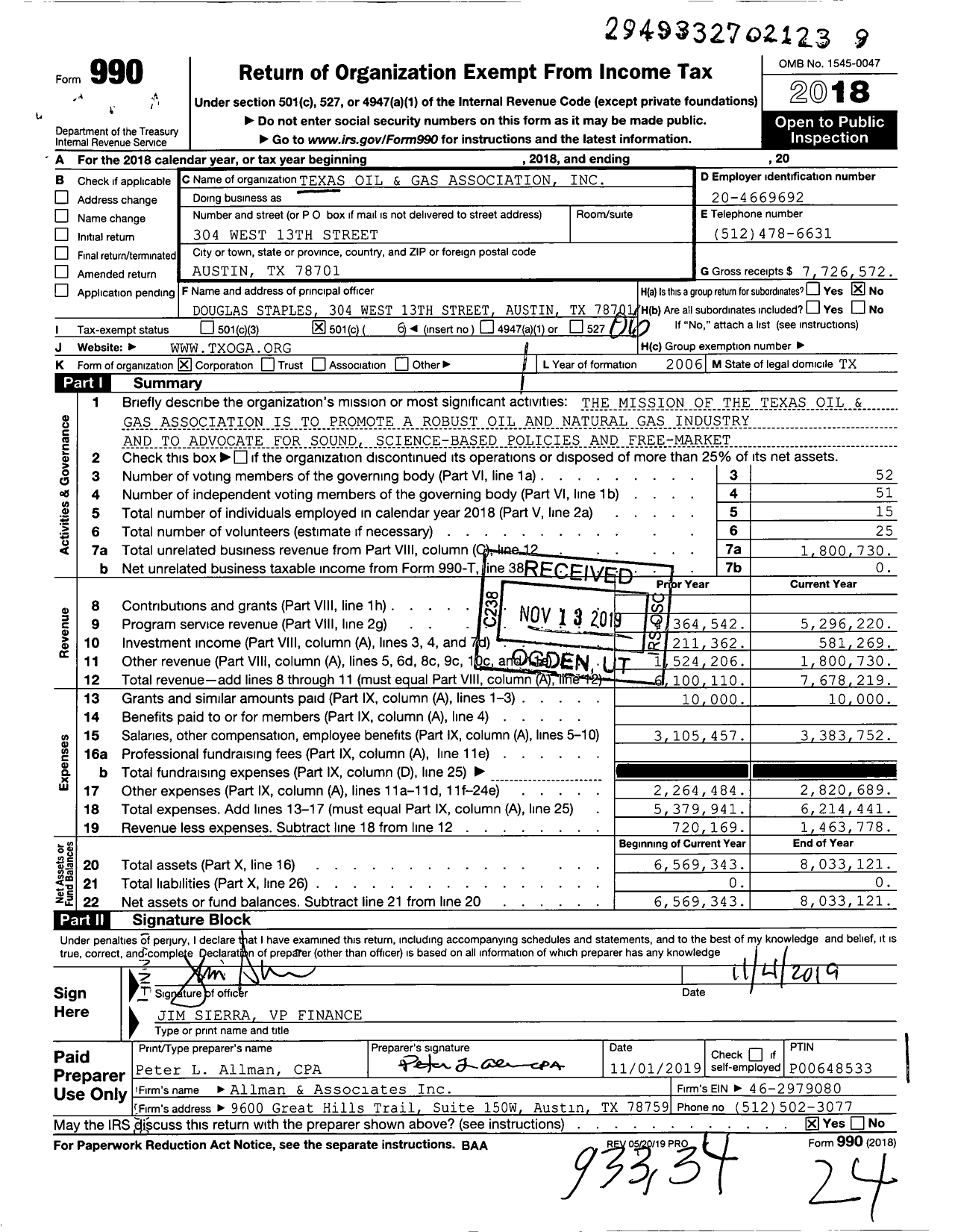 Image of first page of 2018 Form 990O for Texas Oil and Gas Association (TXOGA)