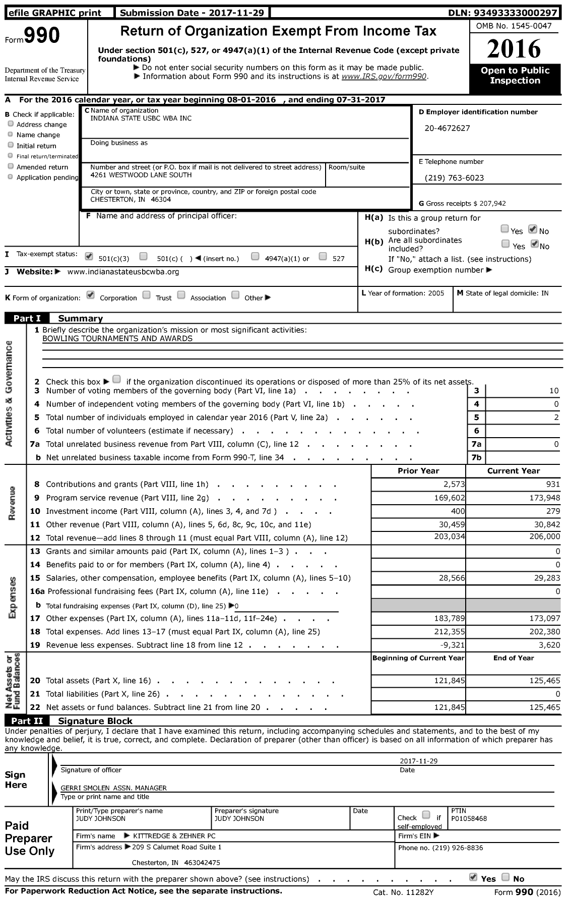 Image of first page of 2016 Form 990 for United States Bowling Congress - 84207 Indiana State Usbc Wba