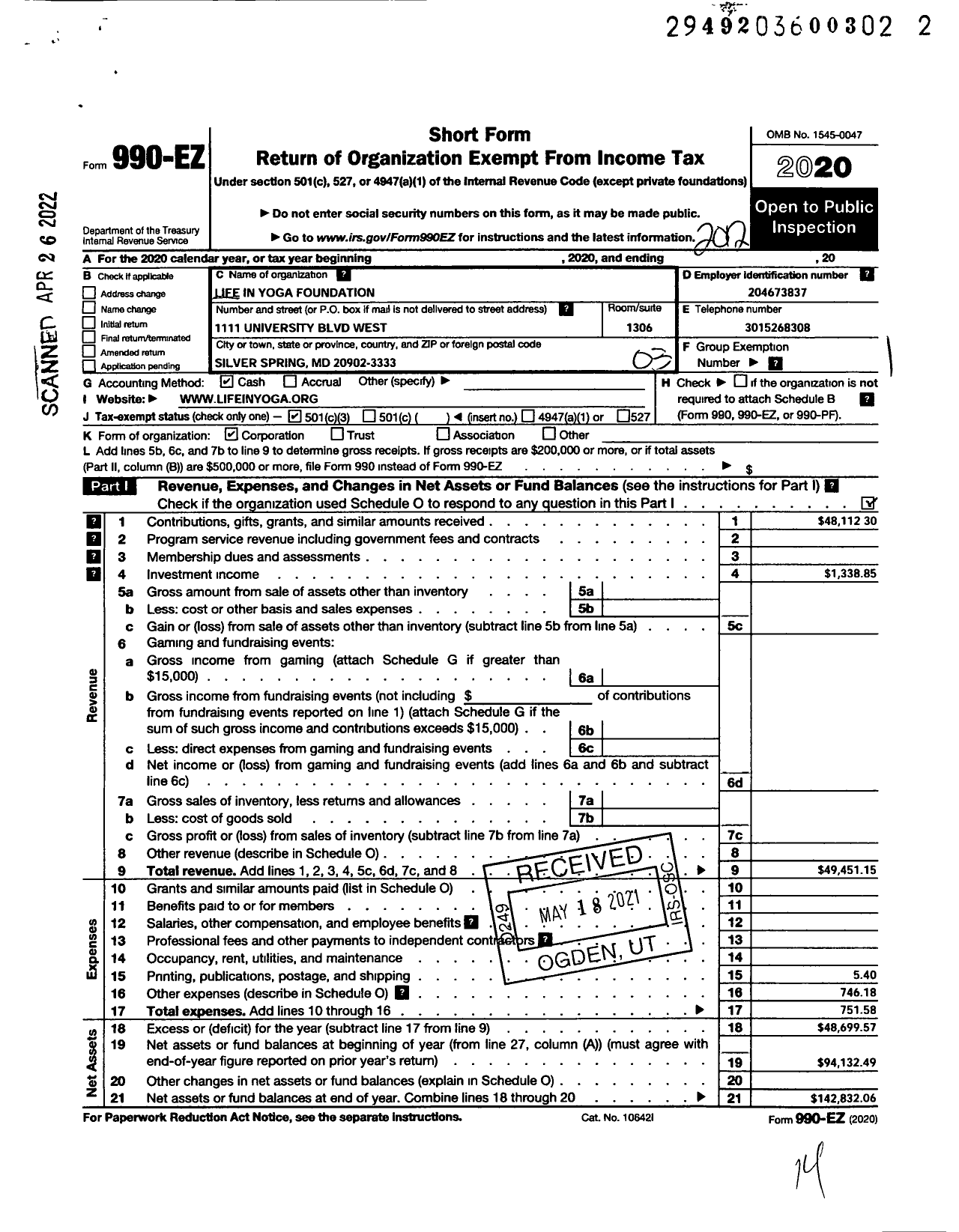 Image of first page of 2020 Form 990EZ for Life in Yoga Foundation