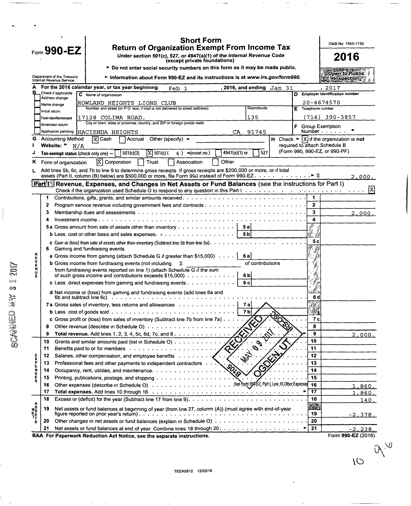 Image of first page of 2016 Form 990EO for Lions Clubs - 84794 Rowland Heights