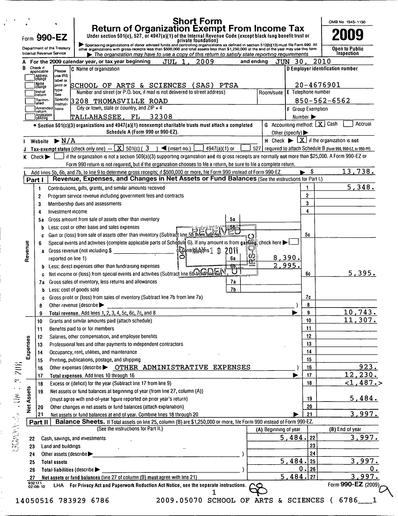 Image of first page of 2009 Form 990EZ for PTA Florida Congress - School of Arts & Sciences Ptsa