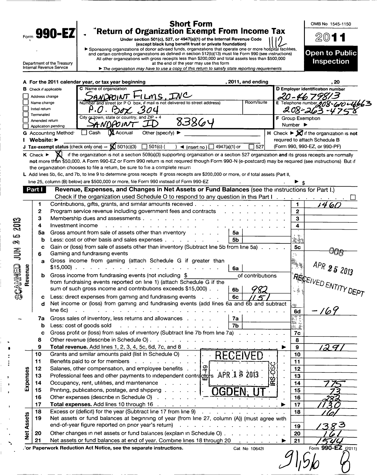 Image of first page of 2011 Form 990EZ for Sandpoint Films