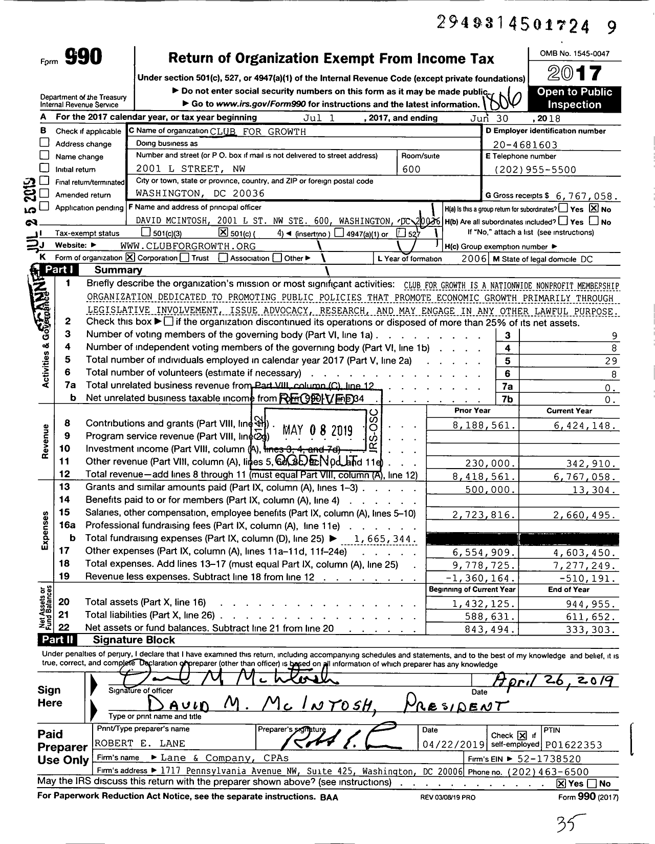 Image of first page of 2017 Form 990O for Club for Growth