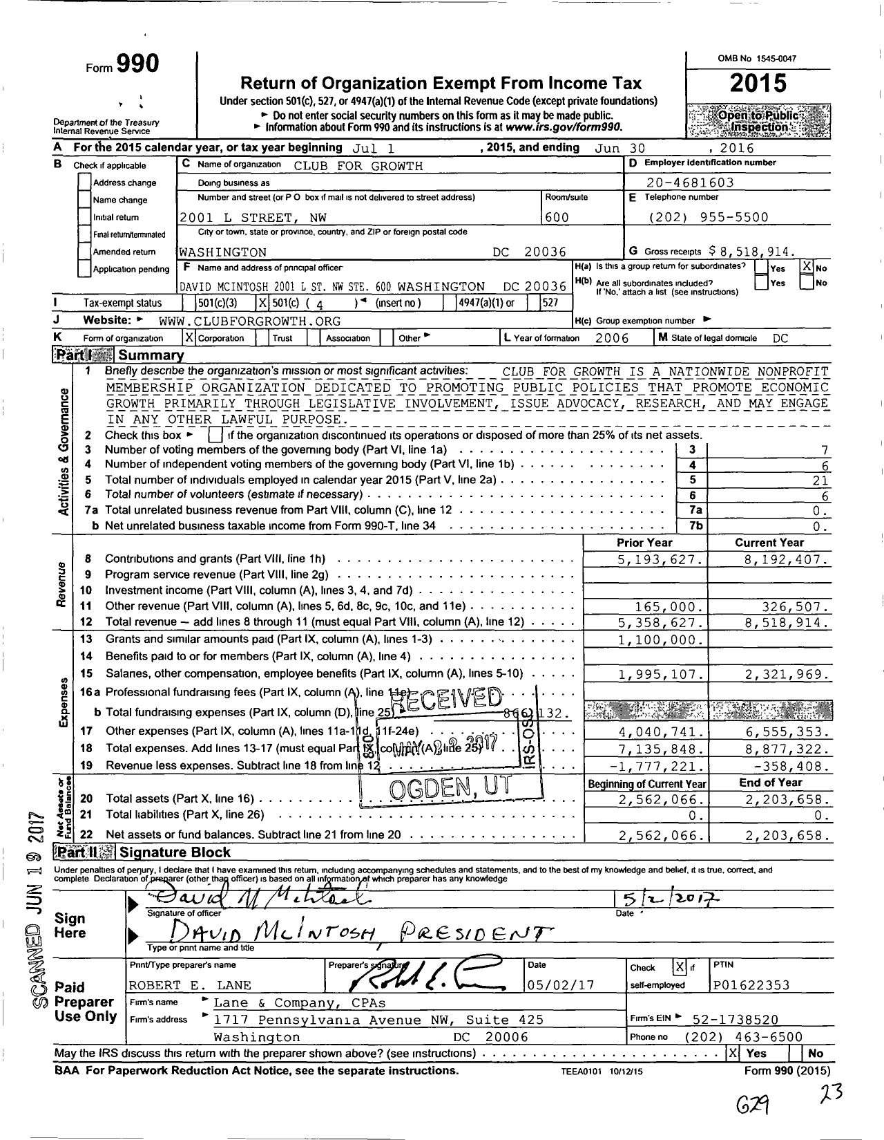 Image of first page of 2015 Form 990O for Club for Growth