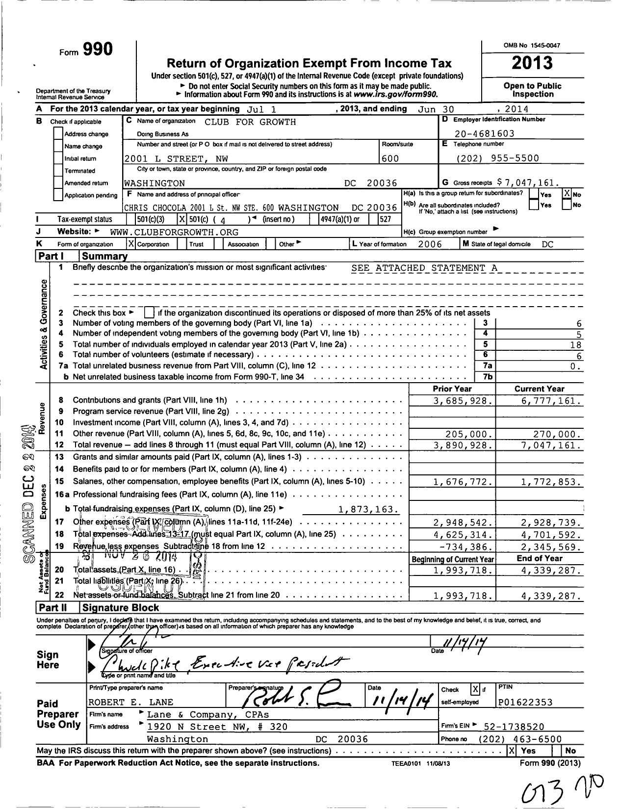 Image of first page of 2013 Form 990O for Club for Growth