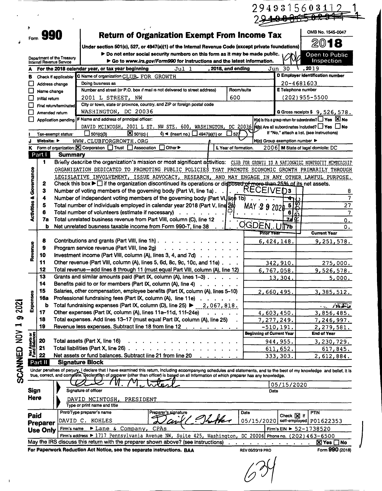 Image of first page of 2018 Form 990O for Club for Growth