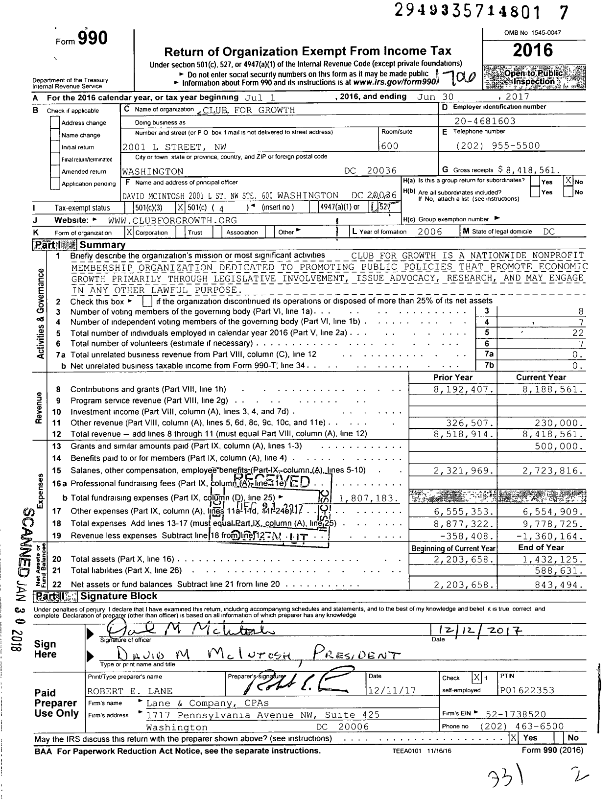 Image of first page of 2016 Form 990O for Club for Growth