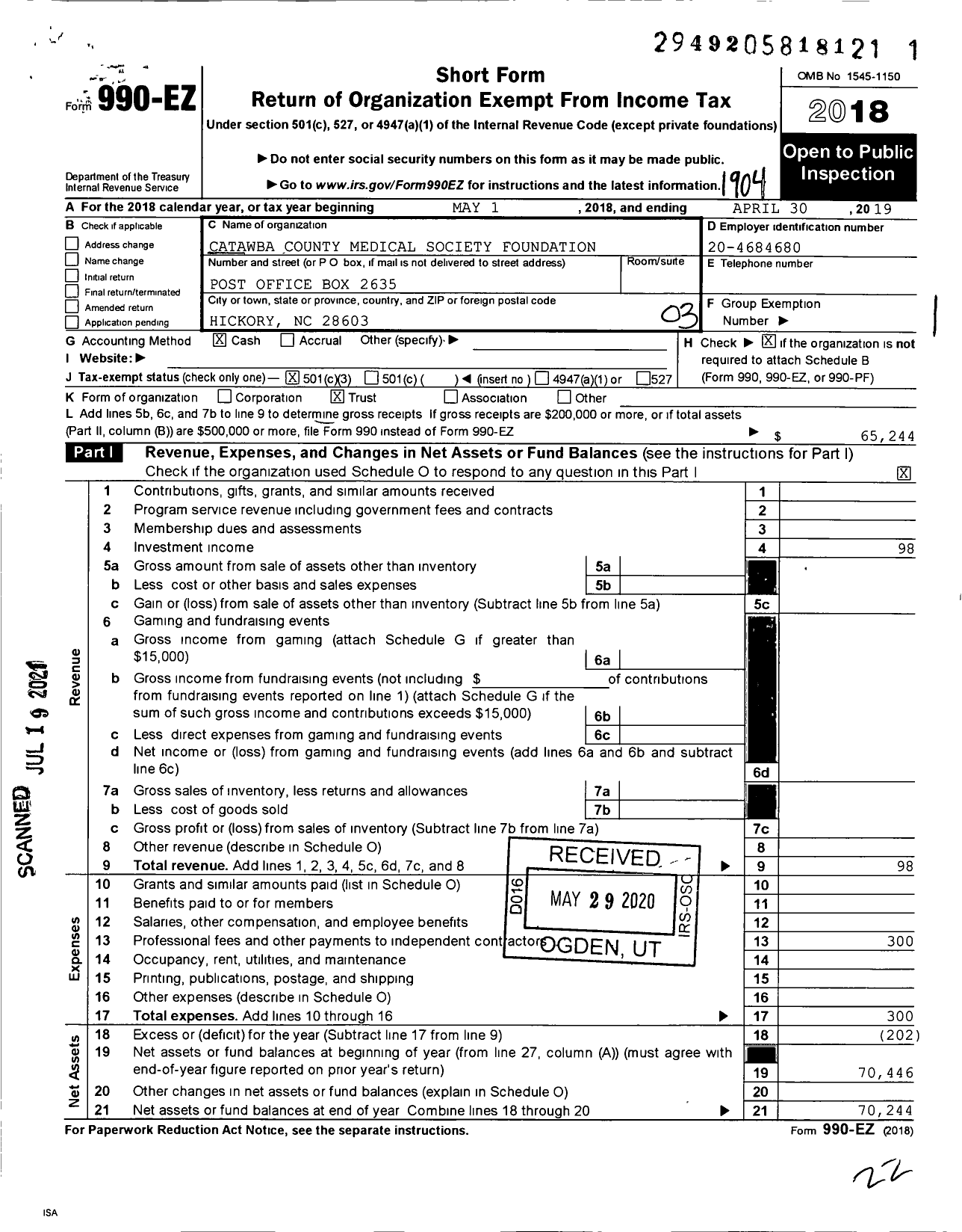 Image of first page of 2018 Form 990EZ for Catawba County Medical Society FDTN