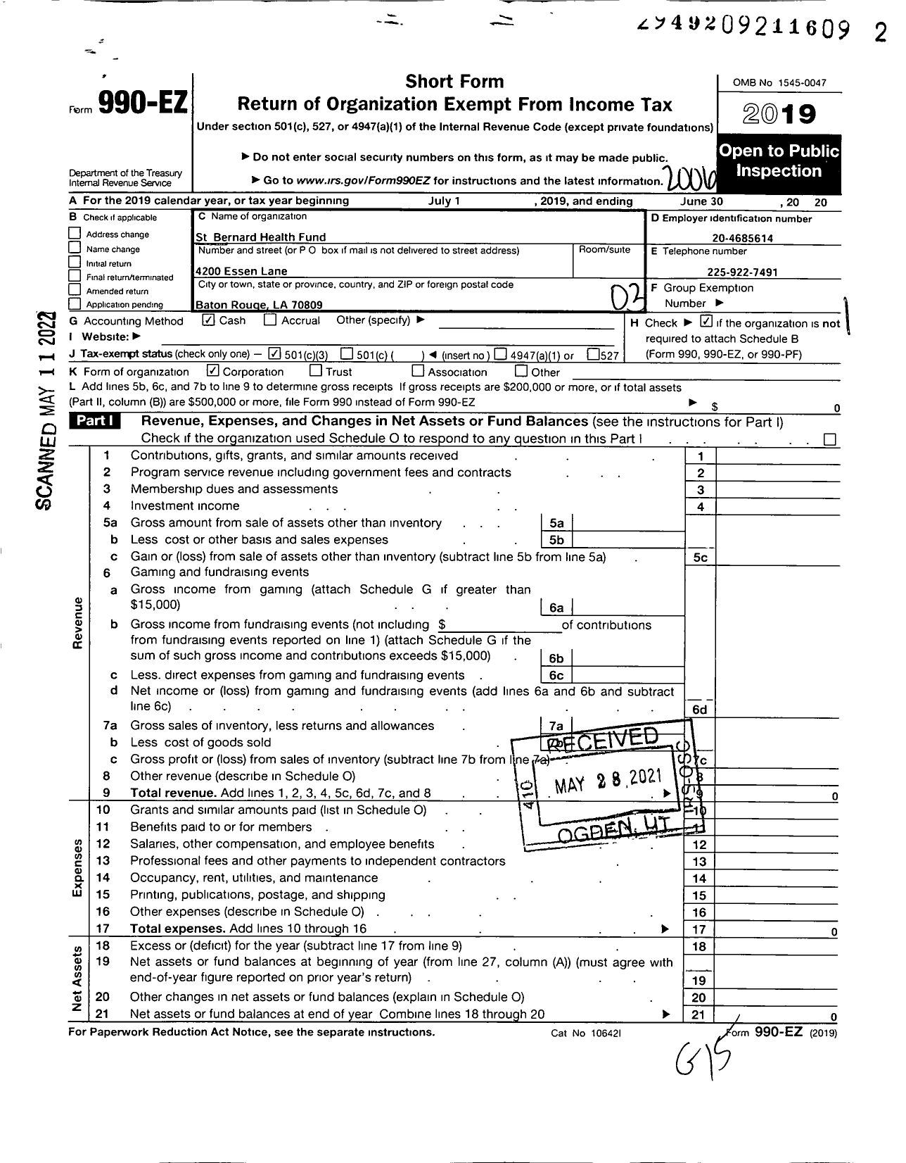 Image of first page of 2019 Form 990EZ for St Bernard Health Fund
