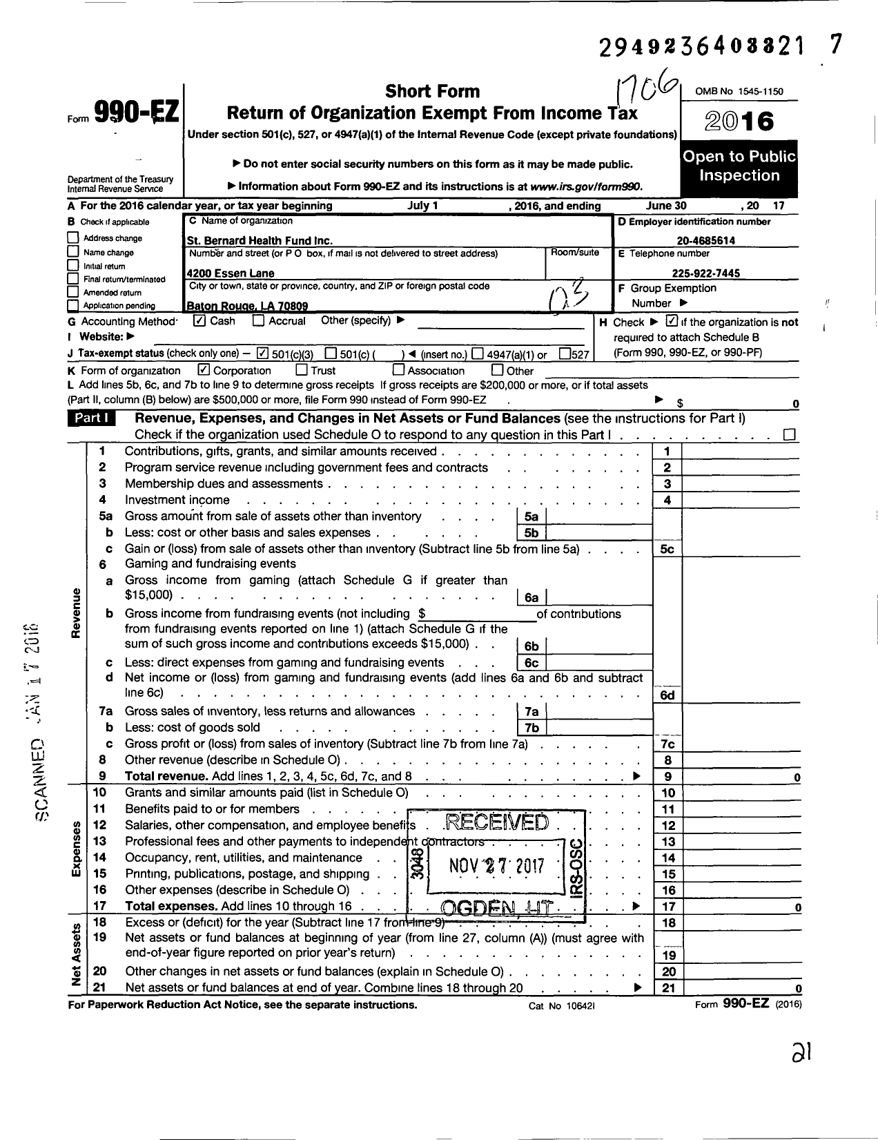 Image of first page of 2016 Form 990EZ for St Bernard Health Fund