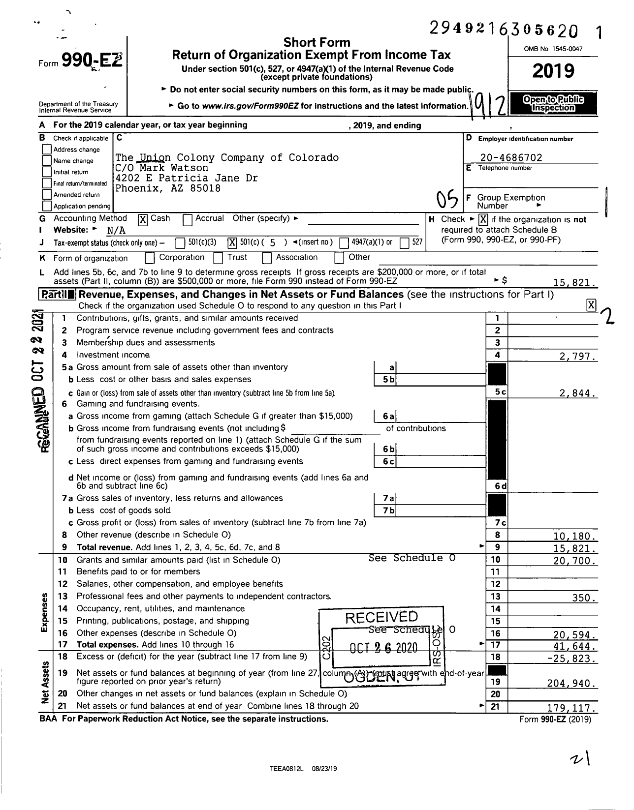 Image of first page of 2019 Form 990EO for The Union Colony Company of Colorado