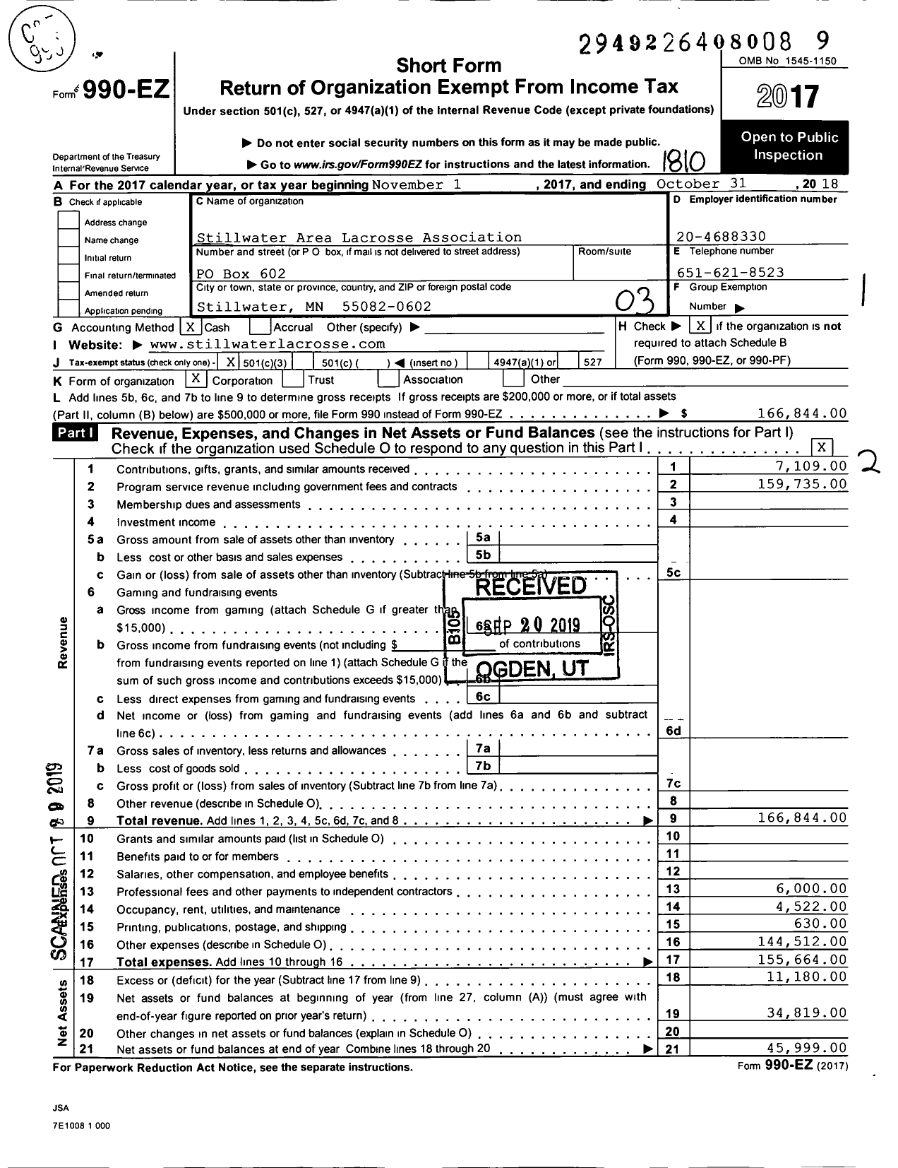 Image of first page of 2017 Form 990EZ for Stillwater Area Lacrosse Association