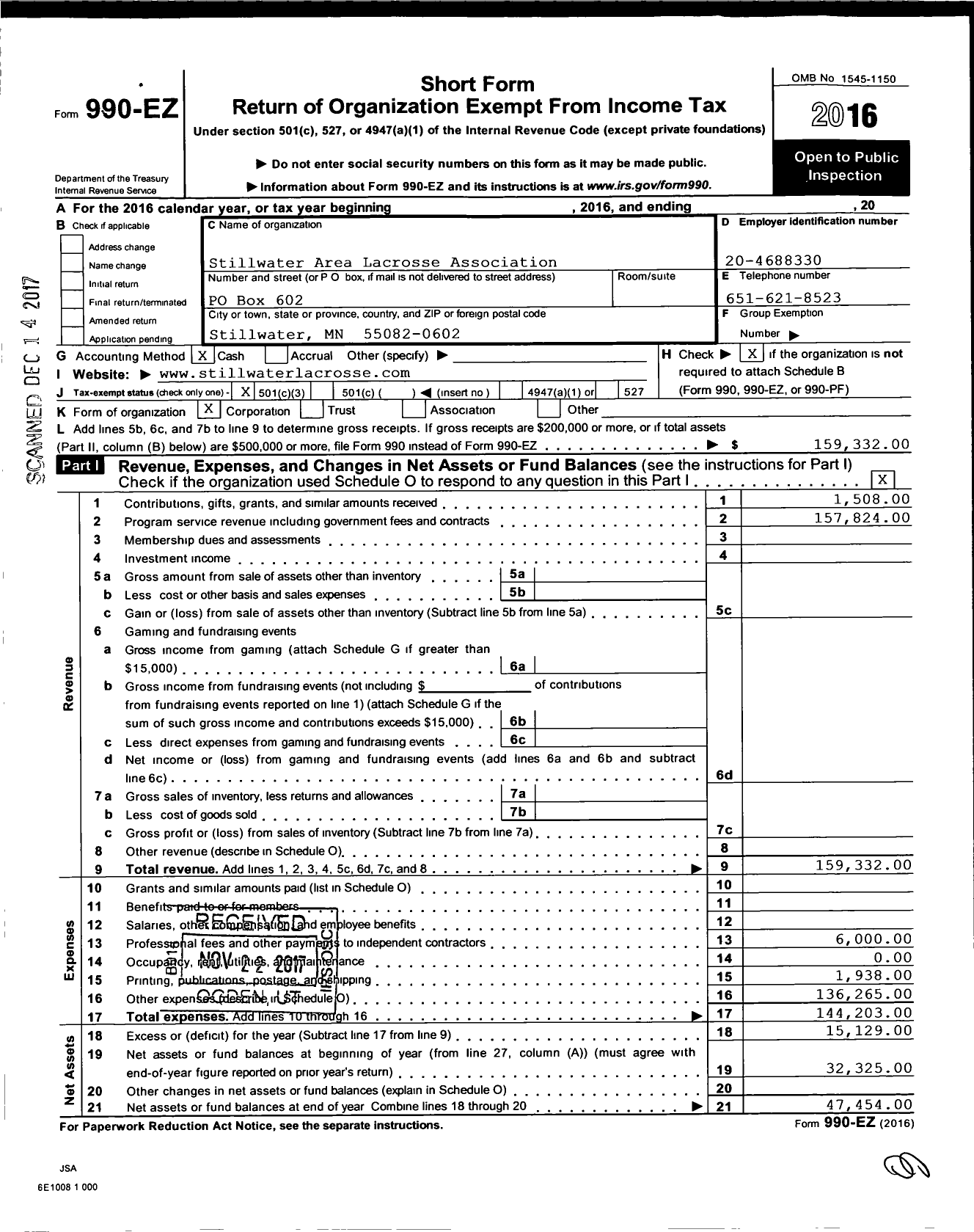 Image of first page of 2016 Form 990EZ for Stillwater Area Lacrosse Association