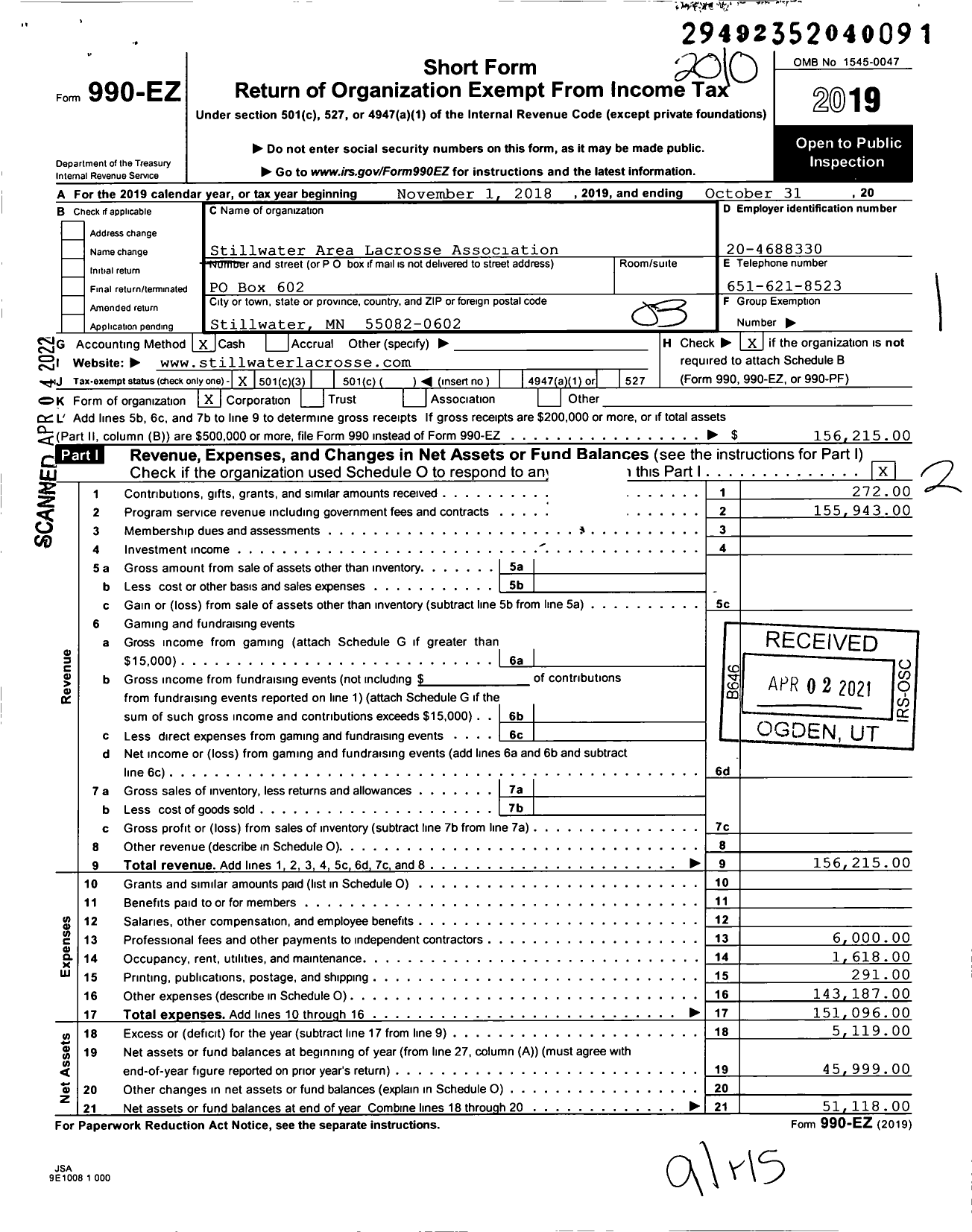 Image of first page of 2019 Form 990EZ for Stillwater Area Lacrosse Association