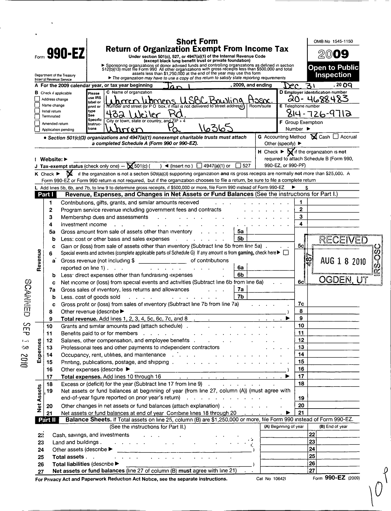 Image of first page of 2009 Form 990EO for United States Bowling Congress - 86543 Warren County Pa Usbc