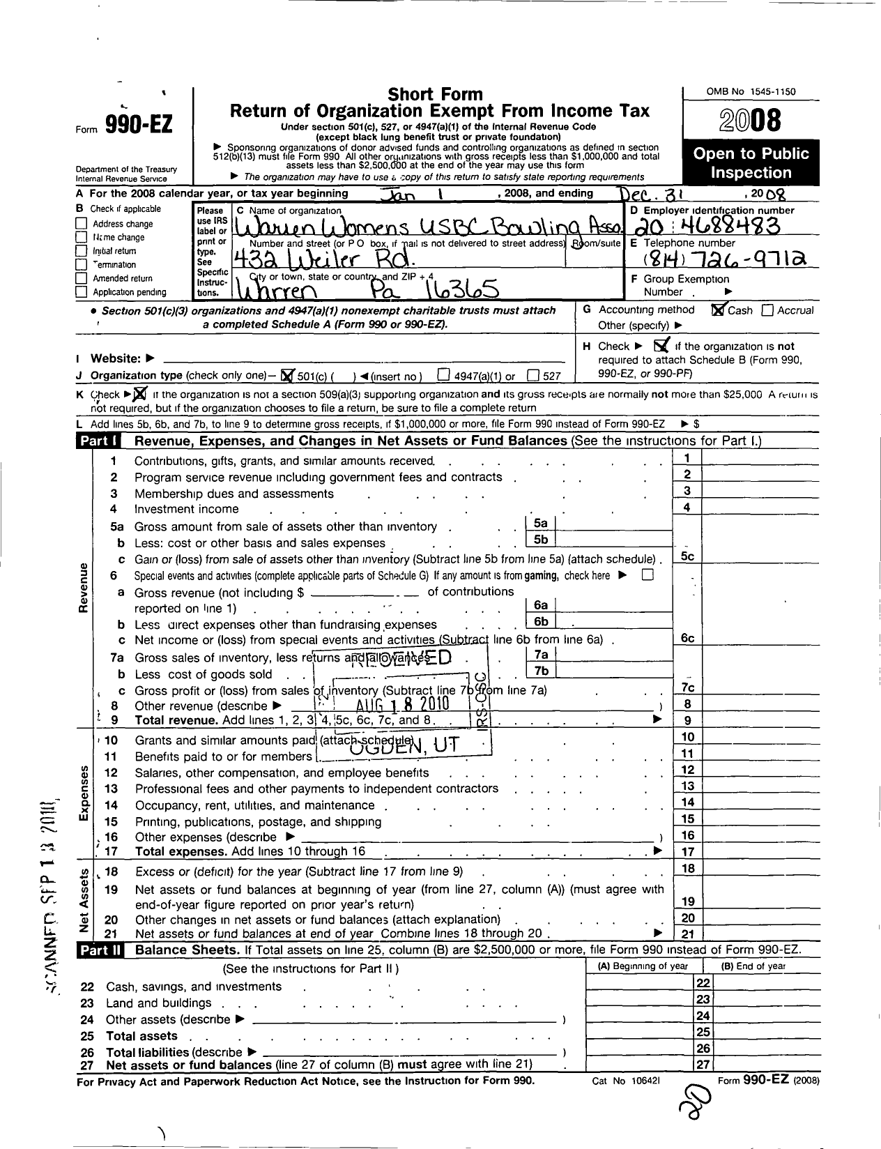 Image of first page of 2008 Form 990EO for United States Bowling Congress - 86543 Warren County Pa Usbc