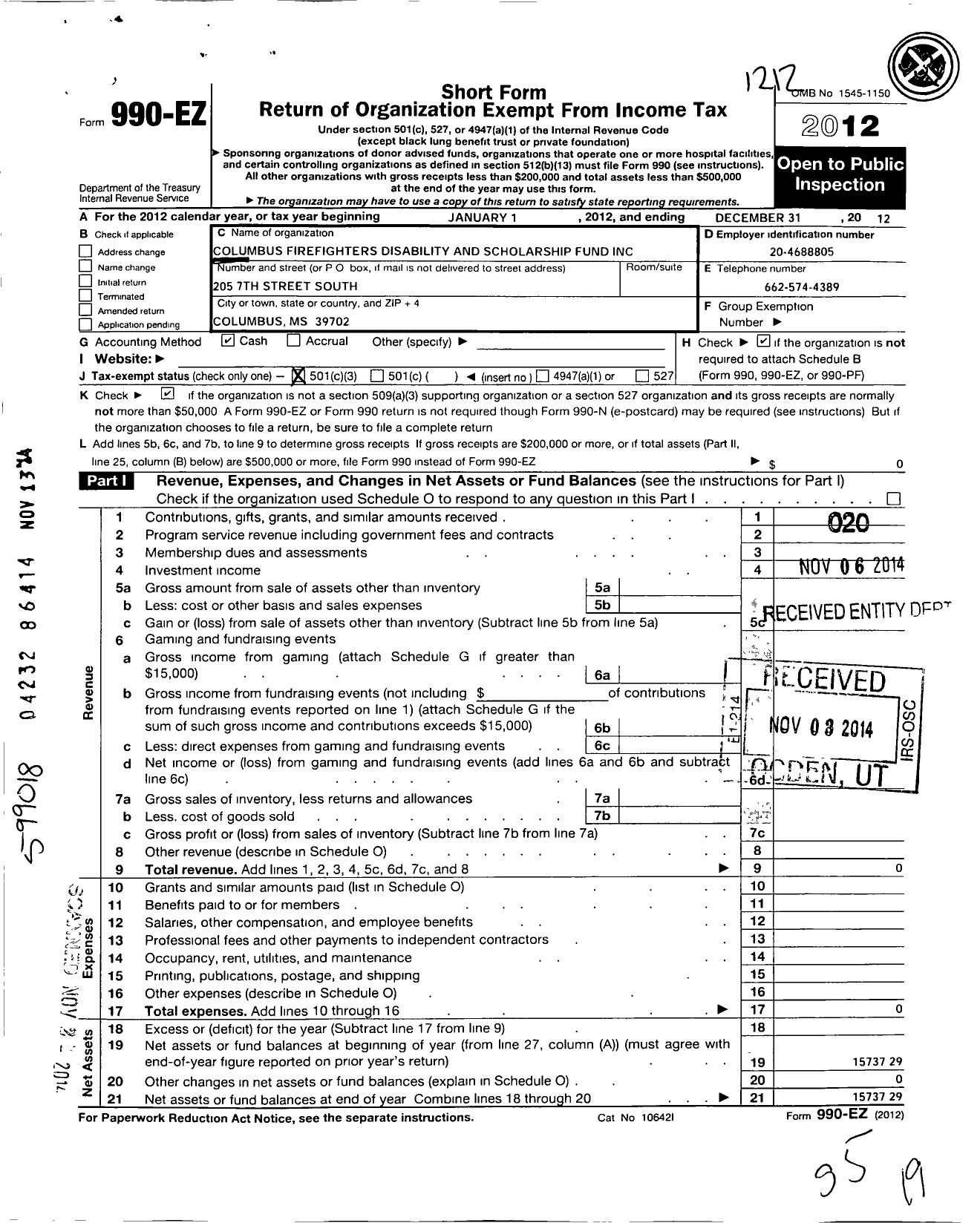 Image of first page of 2012 Form 990EZ for Columbus Firefighters Disability and Scholarship Fund