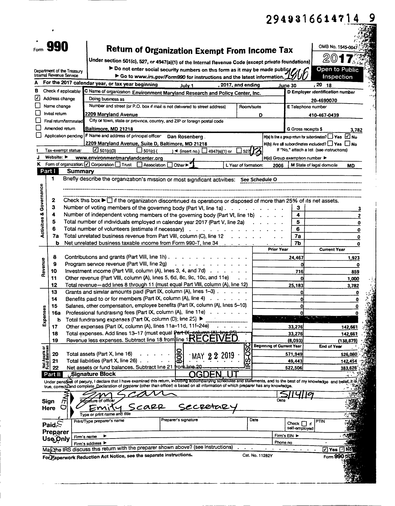 Image of first page of 2017 Form 990 for Environment Maryland Research and Policy Center