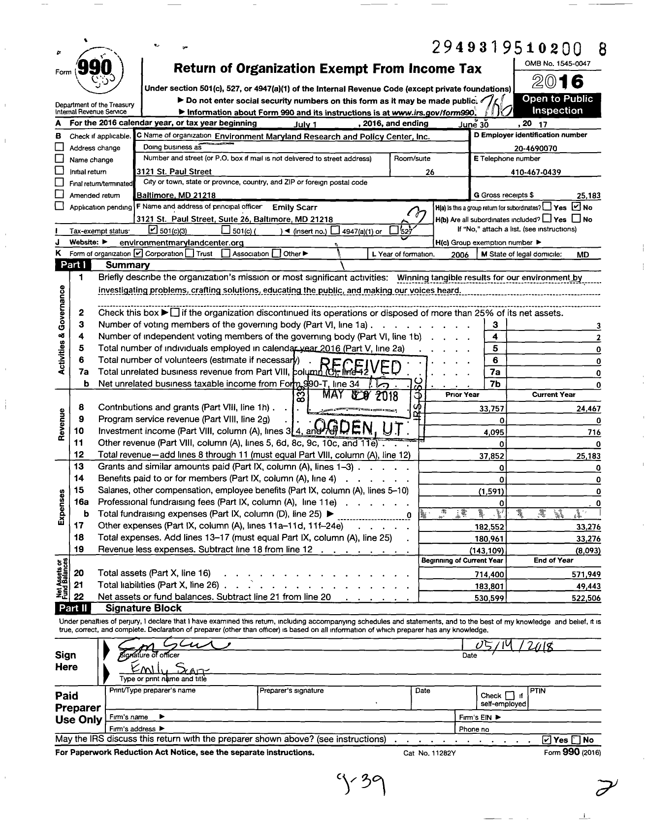 Image of first page of 2016 Form 990 for Environment Maryland Research and Policy Center