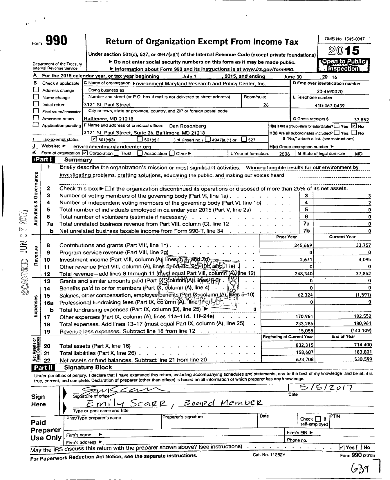 Image of first page of 2015 Form 990 for Environment Maryland Research and Policy Center