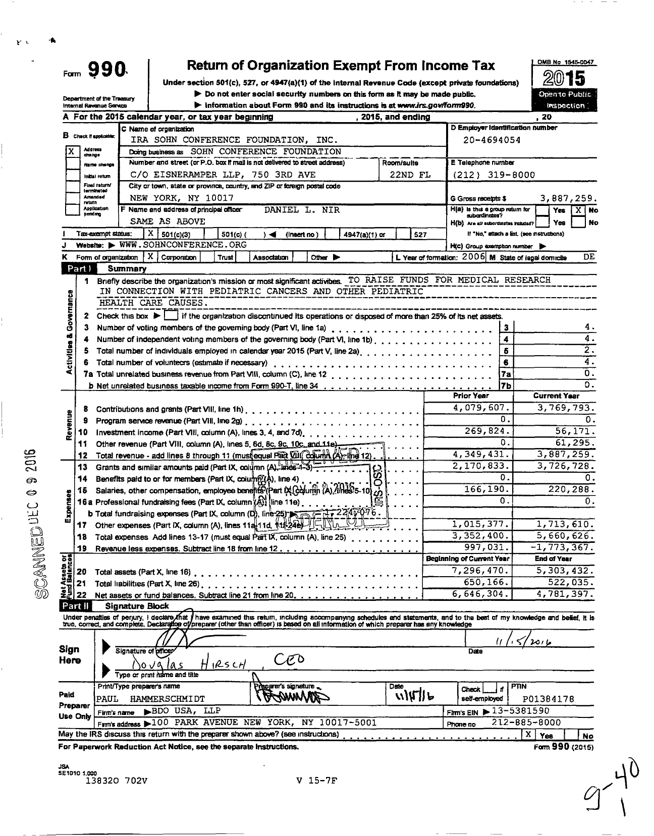 Image of first page of 2015 Form 990 for Ira Sohn Conference Foundation
