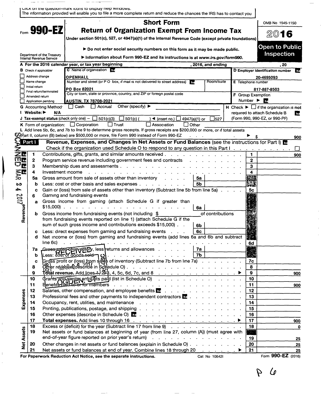 Image of first page of 2016 Form 990EO for Openhall