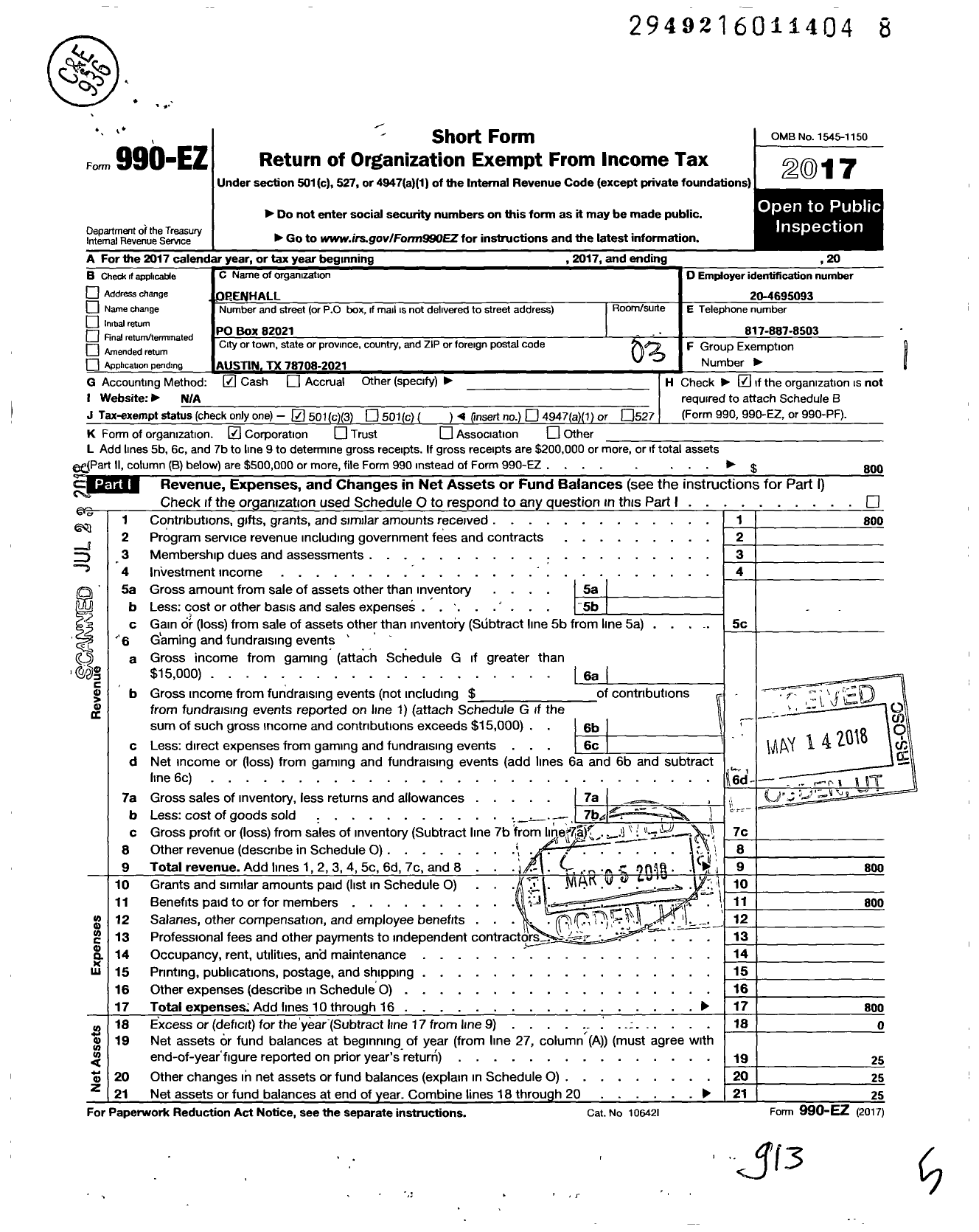 Image of first page of 2017 Form 990EZ for Openhall