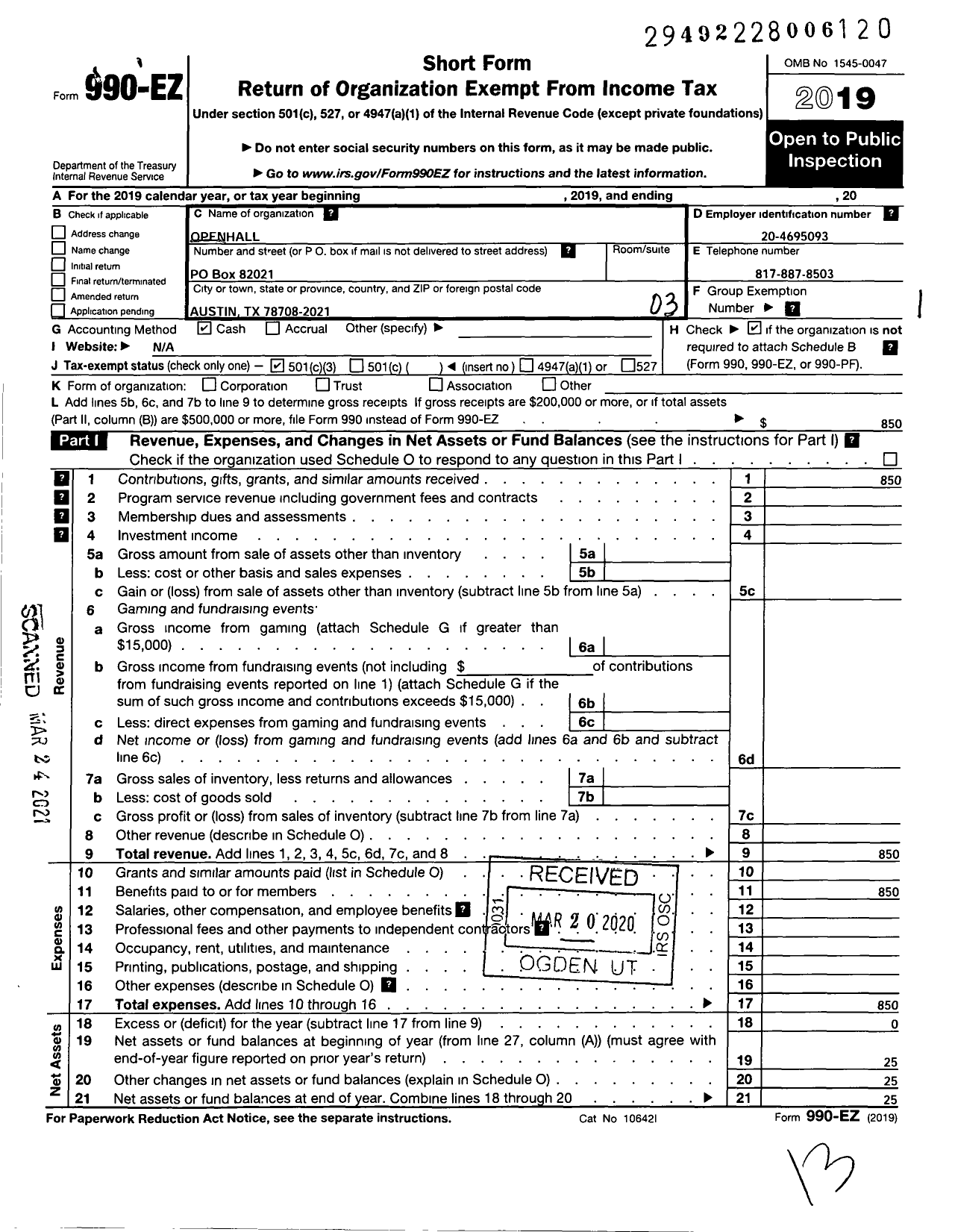 Image of first page of 2019 Form 990EZ for Openhall