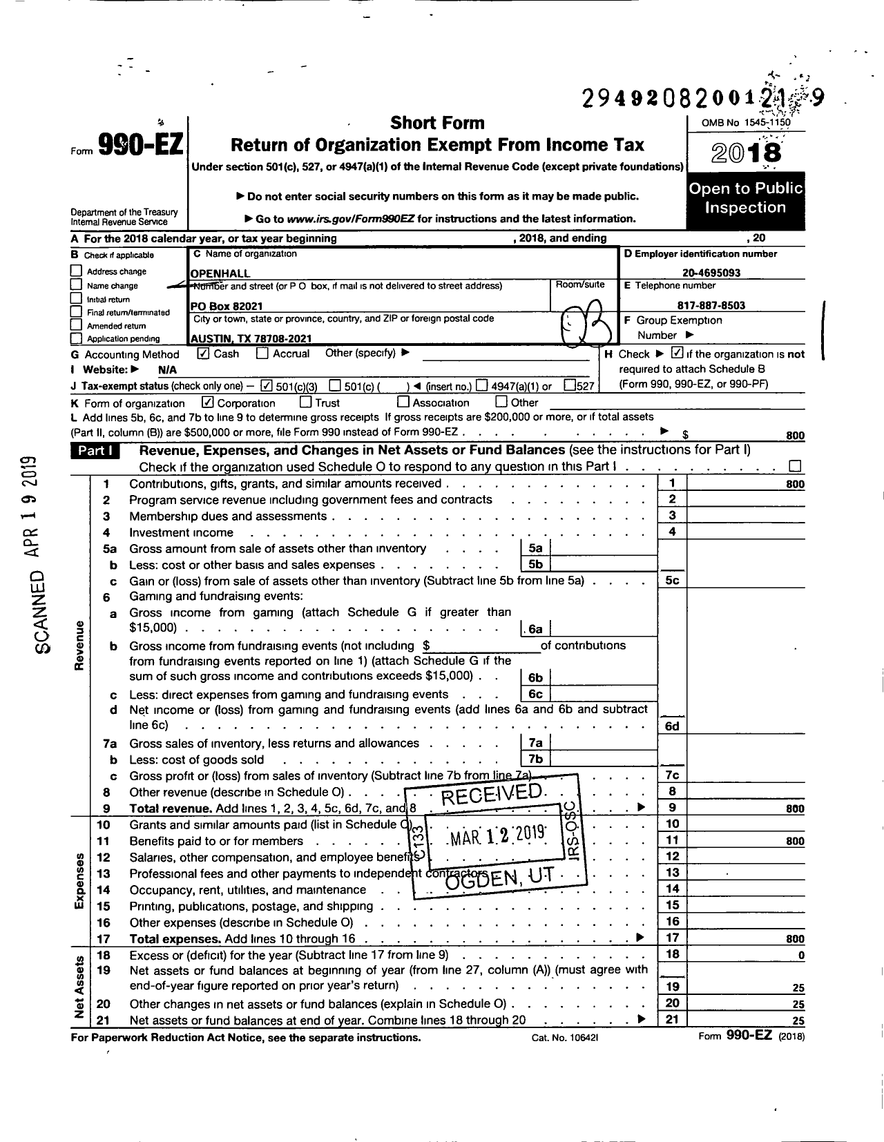 Image of first page of 2018 Form 990EZ for Openhall