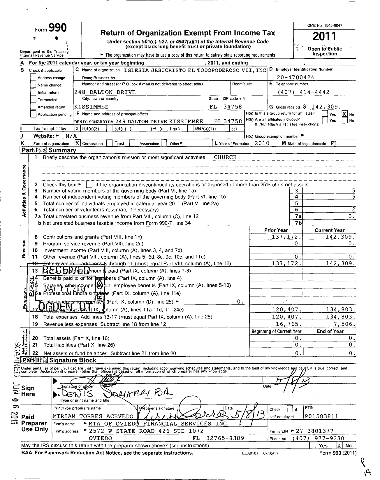 Image of first page of 2011 Form 990 for Iglesia Jesucristo El Todopoderoso Vii