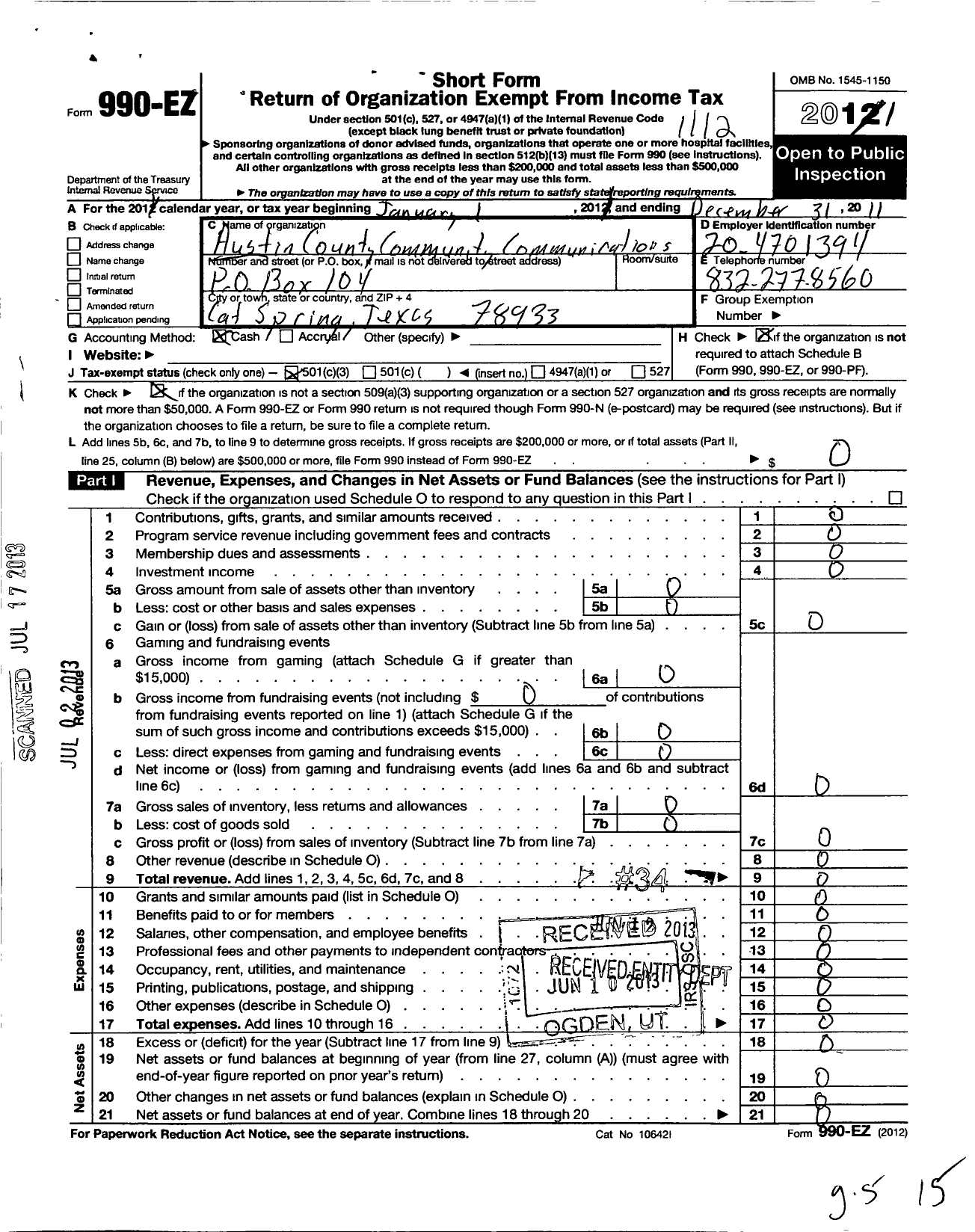 Image of first page of 2011 Form 990EZ for Austin County Communitycommunications