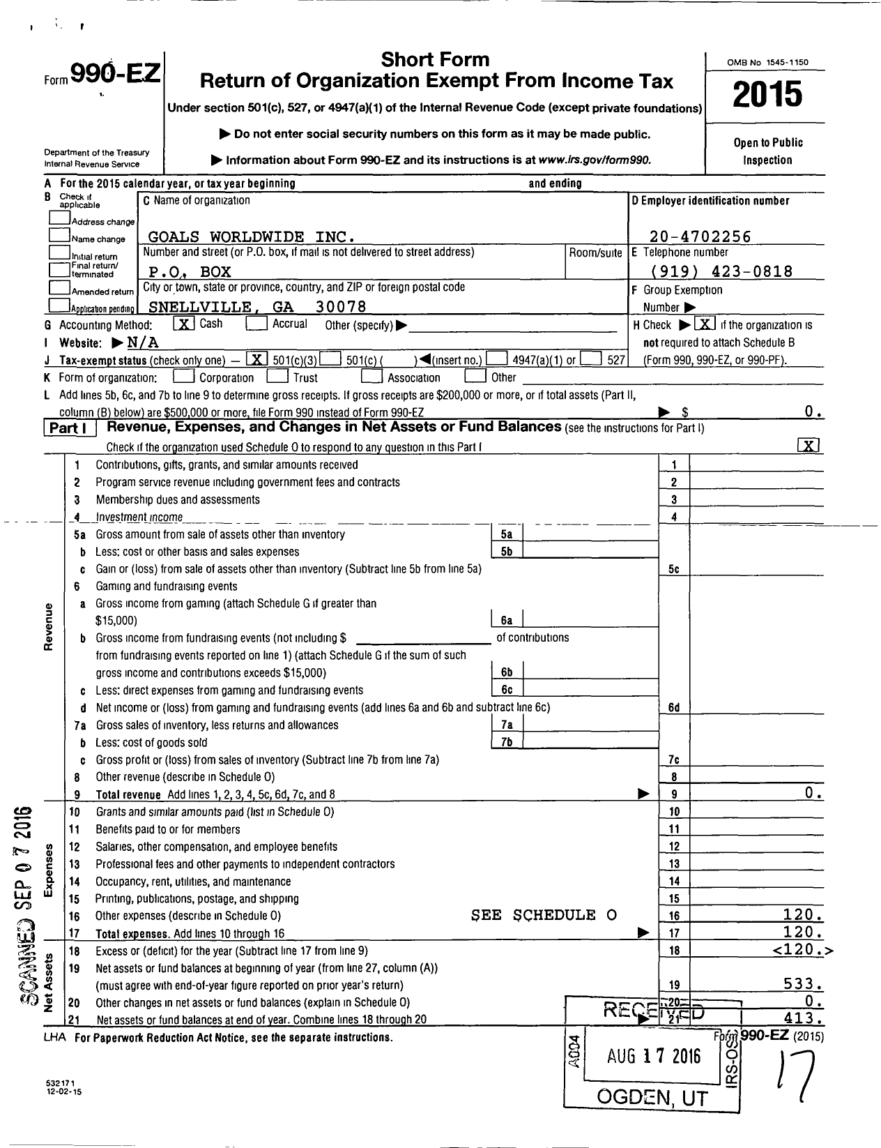 Image of first page of 2015 Form 990EZ for Goals Worldwide