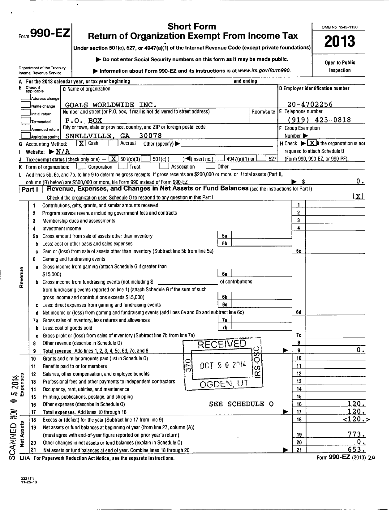 Image of first page of 2013 Form 990EZ for Goals Worldwide