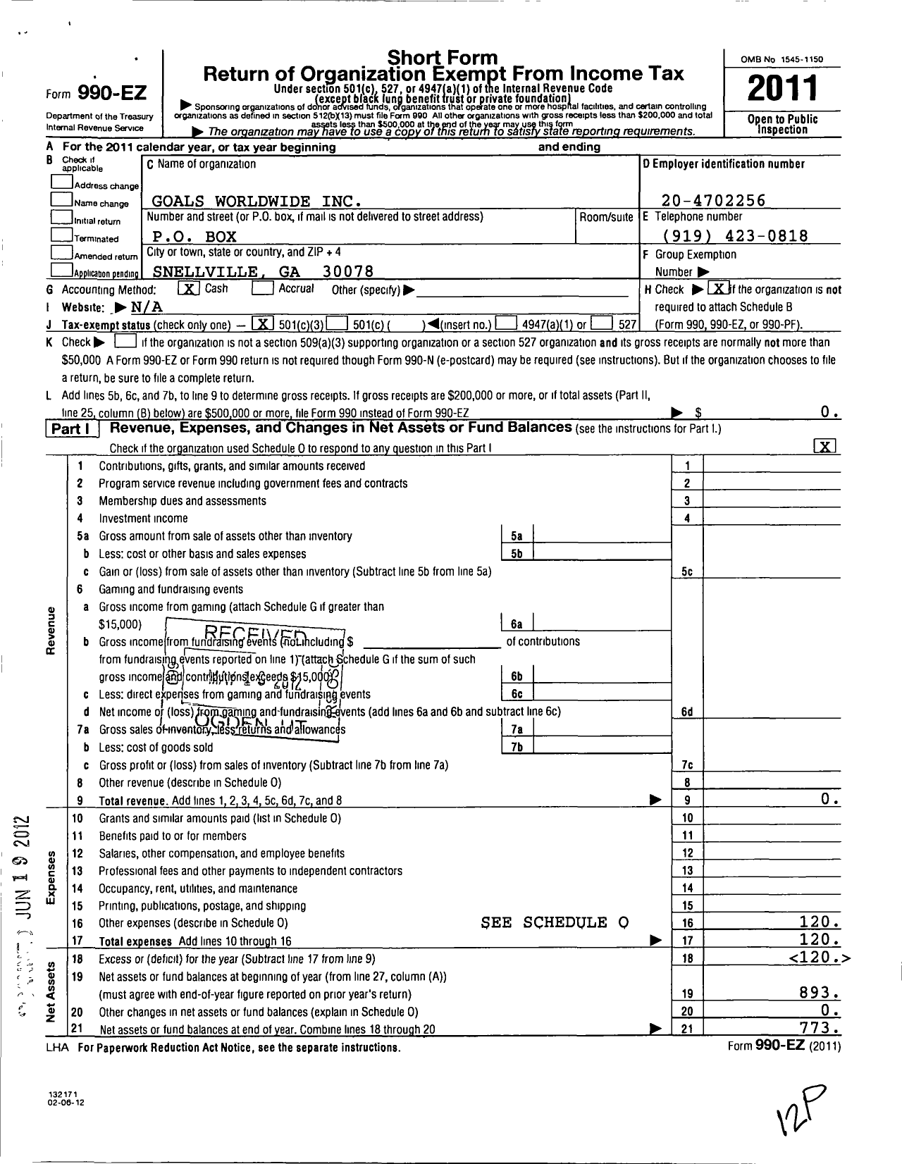 Image of first page of 2011 Form 990EZ for Goals Worldwide