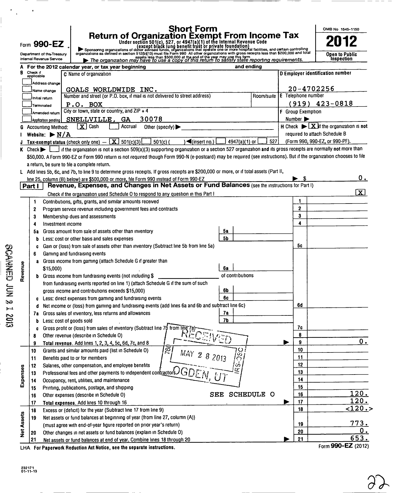 Image of first page of 2012 Form 990EZ for Goals Worldwide