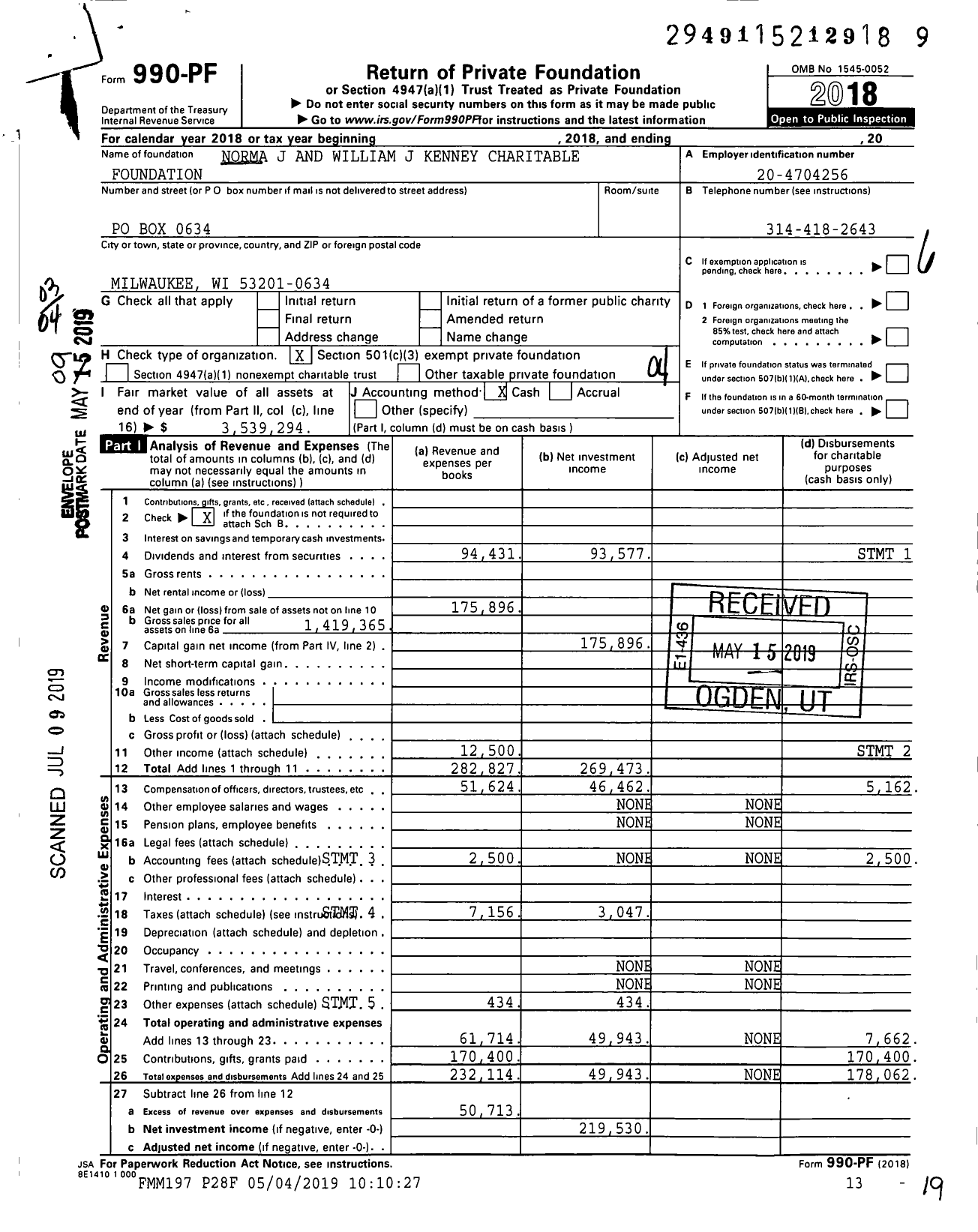 Image of first page of 2018 Form 990PF for Norma J and William J Kenney Charitable