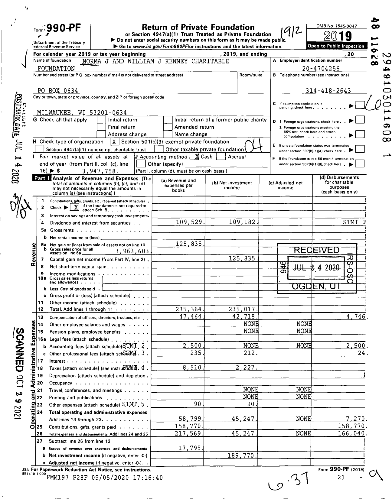 Image of first page of 2019 Form 990PF for Norma J and William J Kenney Charitable