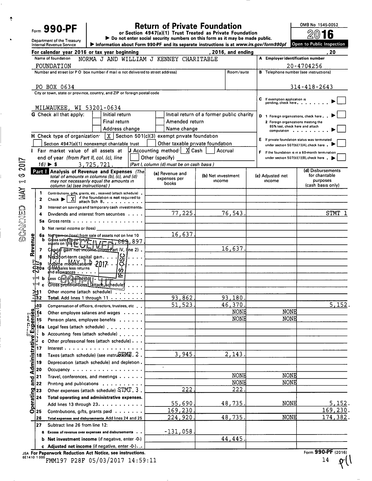 Image of first page of 2016 Form 990PF for Norma J and William J Kenney Charitable