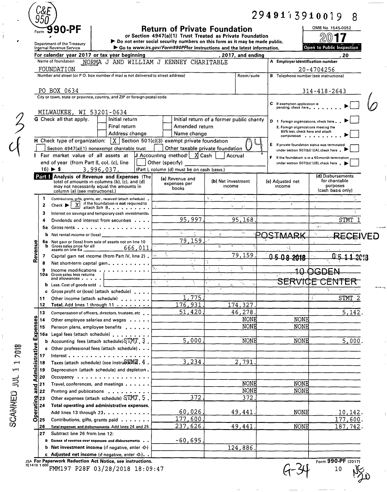 Image of first page of 2017 Form 990PF for Norma J and William J Kenney Charitable