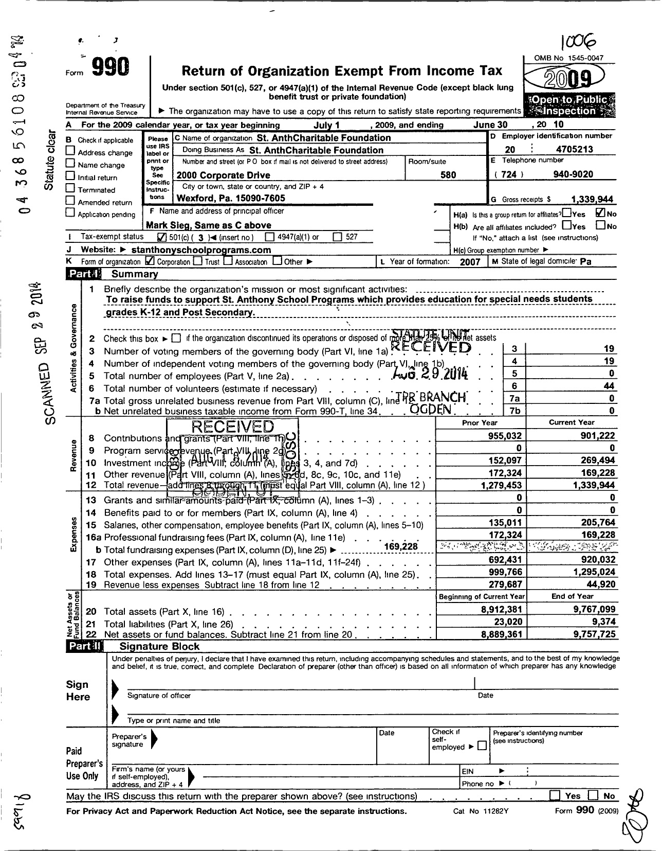 Image of first page of 2009 Form 990 for St Anthony Charitable Foundation