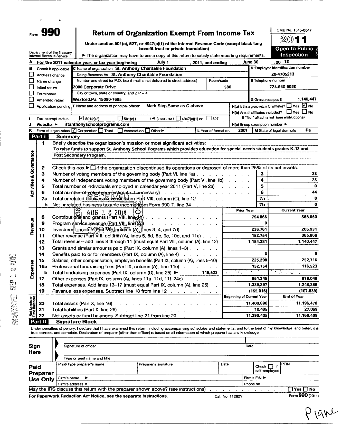 Image of first page of 2011 Form 990 for St Anthony Charitable Foundation