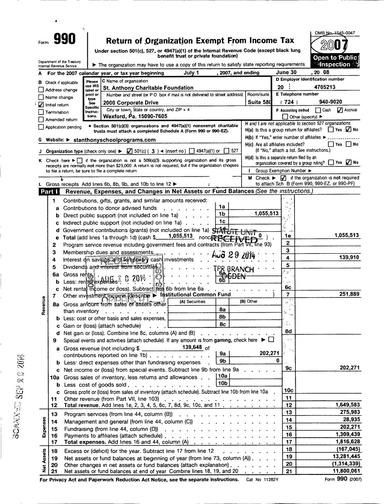 Image of first page of 2007 Form 990 for St Anthony Charitable Foundation