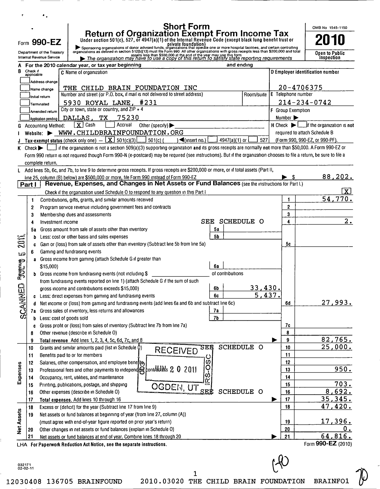 Image of first page of 2010 Form 990EZ for Child Brain Foundation