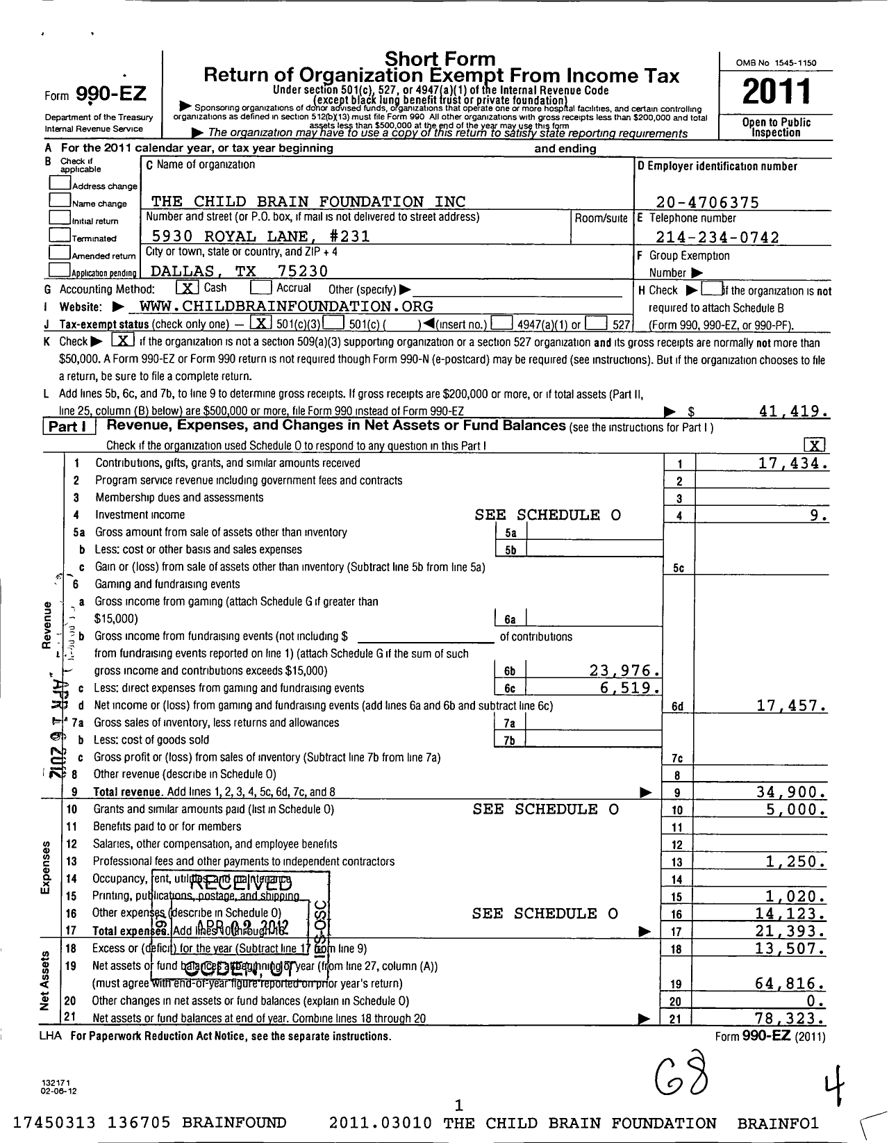 Image of first page of 2011 Form 990EZ for Child Brain Foundation